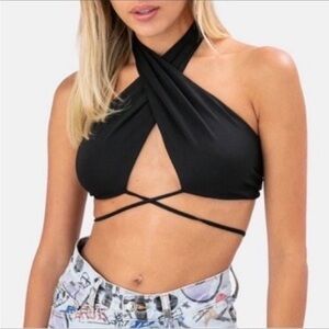 Adika Black Cross Wrap Halter Going Out Top